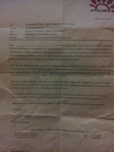 This letter, signed by Elsipogtog Chief Aaron Sock, is an invitation for hand-picked elders to attend a consultation meeting, $200 honorarium included.