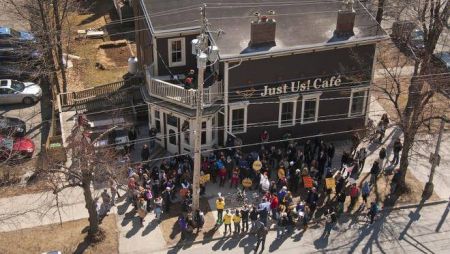 Bird's eye view of rally in support of Shay, Eli and unionization at Just Us!' Spring Garden Road location. [Photo: Where's the Justice in Just Us?]