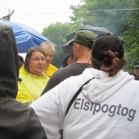 Alma Brooks and the group decide to halt the two-day blockade of seismic vibrators in Stanley, NB. Photo: Tracy Glynn.