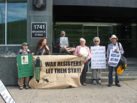 Members of the Halifax Peace Coalition outside the Citizen and Immigration Office in Halifax [Photo: Tamara Lorincz] 