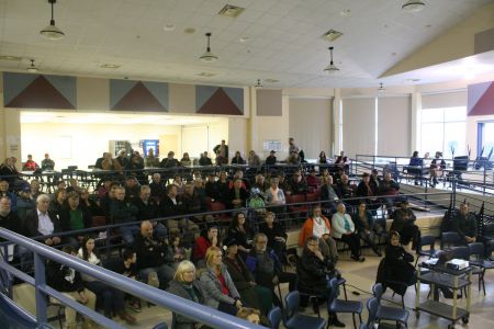 A local high school auditorium is filled to the rafters. Residents organized a town hall meeting on the risks of the Alton Gas project to local communities and the ecological integrity of Shubenacadie River. Photo Robert Devet