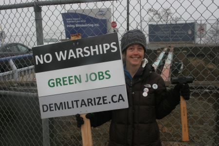 Tamara Lorincz can be found every Wednesday at noon hour outside the Irving Shipyards, protesting the National Shipbuilding Procurement Strategy. [Photo: M.Howe]. 