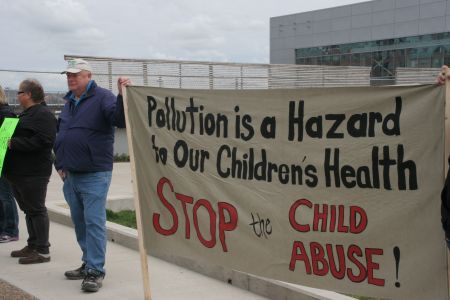 Peter Boyles and the Trenton-Hillside Environment Watch Association outside the Nova Scotia Power headquarters. David and Goliath? [Photo: M. Howe]
