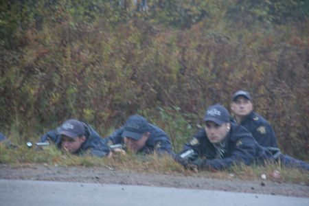 So far we have heard two days of testimony from police officers in the ditch adjacent to highway 134. From their vantage point, they would have been looking at Germaine Breau's backside. None have testified he pointed a gun. [Photo: Miles Howe]