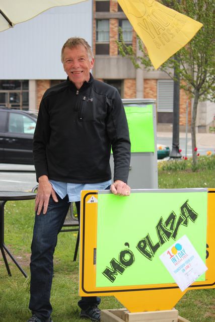 Volunteers created a temporary plaza at Queen and Morris for 100 in 1 Day 2014.  Volunteer Bill Campbell went on to form a pedestrian advocacy group. Photo credit: Yusraa Tadj