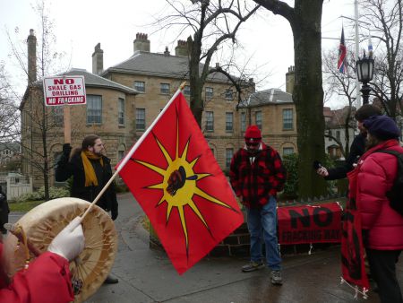 Protesters called on the Lieutenant Governor, a represenative of the Crown, to uphold the Peace and Friendship Treaties between the Crown and the Mi'Kmaq people.  Photo: Hillary Lindsay