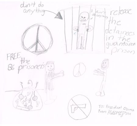 Picture that Sam Lorincz, second youngest member of Halifax Peace Coalition, intends to mail to US President Obama