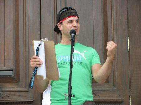 Derek Simon energizes the crowd at the anti-shale gas rally in Fredericton on August 1st, 2011. Photo: Tracy Glynn.