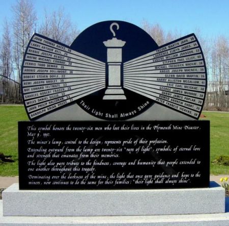 The Westray monument, in memory of the 26 Nova Scotia miners who died in a 1992 explosion. Unions argue that only enforcement will improve workers safety, and that much more work remains to be done.