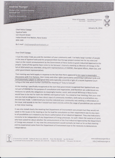 Page 1 of January 26, 2016 letter from Andrew Younger to Chief Rufus Copage