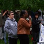 Activist Denise Allen told the crowd, "We need to lift the struggle of he Palestinian people higher," and compared the actions of Israel to actions taken by governments in Canada. <br>Photo by Kaley Kennedy
