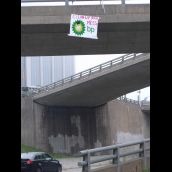 Anti BP Banner hanging from over pass on Barrington