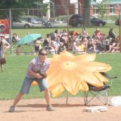 Johany covers second base, along with an umbrella and a chair?! Photo: Miles Howe