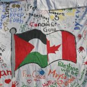 Palestine/Canada banner with messages from schoolchidren, draped over the Tahrir