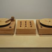 In Turning Tables, artist Jordan Bennett used walnut, spruce and oak to built a set of wooden turntables that play sounds of him learning his Mi'kmaq language. [All photos: Stephanie Taylor]