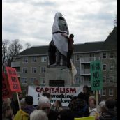 The Cornwallis statue is covered in sheets as part of the anti-colonization protest