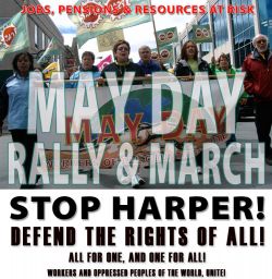Ad for Halifax May Day. Photo is from the 2010 march, proudly led by laid-off women from the National Philatelic Centre in Antigonish, which is being privatized by Canada Post
