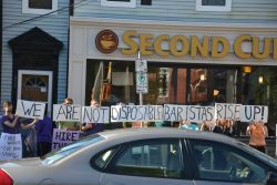 Dismissed baristas and their supporters rally in front of a Second Cup franchise in Halifax last week. (Lesley Thompson photo)