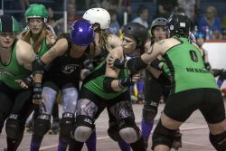 Halifax roller derby teams Black Rock Bandits and Dead Ringers took on teams from PEI's Red Rock n' Roller Derby in a double header in Charlottetown on May 17. Photo credit Andrea Crowell