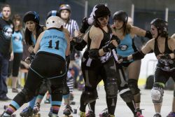 Halifax roller derby teams Black Rock Bandits and Dead Ringers took on teams from PEI's Red Rock n' Roller Derby in a double header in Charlottetown on May 17. Photo credit Andrea Crowell