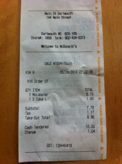 Lamont's receipt for the McLobster