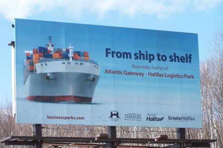 An billboard in Halifax advertising the Atlantic Gateway, a project that critics say poses a serious threat to labour and environmental rights.  