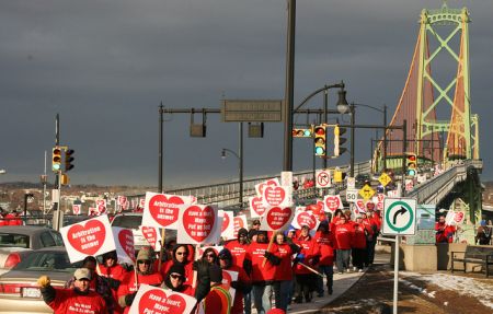 ATU Local 508 making the march across the MacDonald Bridge from Dartmouth to Halifax             Photo By: Miles Howe 