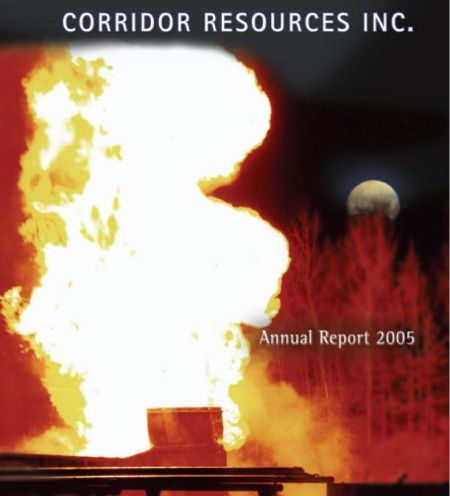 An explosion from drilling is pictured on the Corridor Resources annual report to investors, 2005.