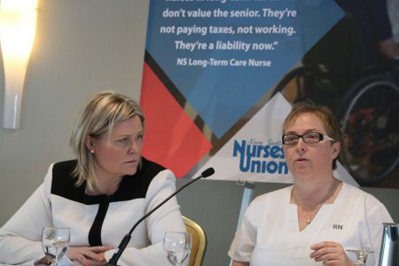 Janet Hazelton, president of the Nova Scotia Nurses Union, and Sheri Gallivan, a registered nurse, were among the panelists at the release of 'Broken Homes' a new report which highlights the "crisis" of long-term care in Nova Scotia. [Photo: Miles Howe]
