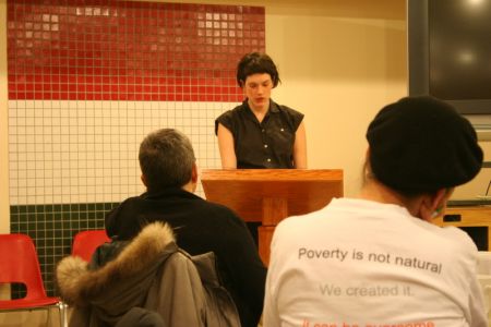Elise Graham of the Canadian Federation of Students was one of many speakers commenting on the Federal budget during the Federal Budget Watch, an annual event in Halifax that sees activists get together to watch and discuss the federal budget.  (Robert Devet photo)