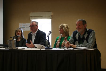 Panel at the launch of the report on homelessness in HRM. Numbers don't suggest that things are geting better at all. Claudia Jahn (AHANS), Dan Troke (Housing NS), Sue LaPierre (United Way Halifax), Jim Graham (AHANS).  Photo Robert Devet