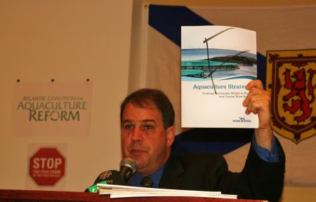 Raymond Plourde of the Ecology Action Centre gives a failing grade to Nova Scotia's Aquaculture Strategy. [Photo: Miles Howe]