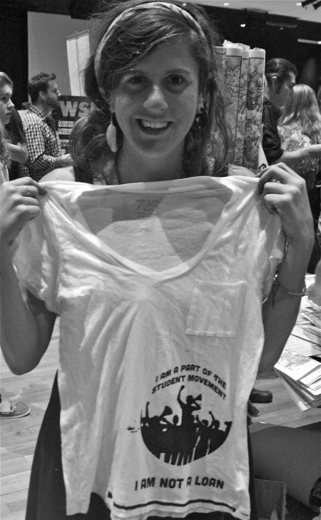 Katerina Stein shows off a shirt made today at the launch of the Politician Apathy Campaign [photo: Sarah Slaunwhite]