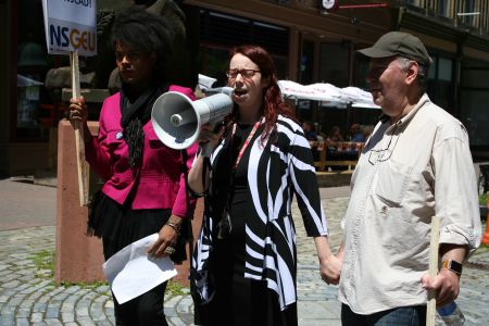 Jade Peek (SUNSCAD), Christina Warren (NSGEU Local 82) and Alvin Comiter (FUNSCAD) stand united in their opposition to the recent layoffs at NSCAD University. Photo Robert Devet 