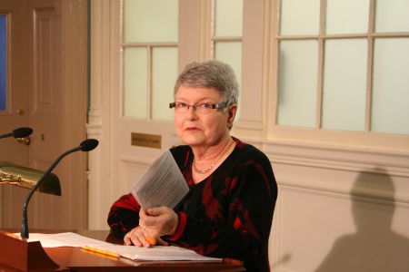 Lois Miller of the Community Homes Action Group, addresses a press conference at Province House. She says that Community Services is not at all delivering on earlier promises to persons with disabilities. Photo Robert Devet