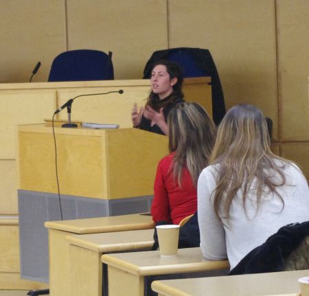 Prison abolitionist Jean Catherine Steinberg during the panel discussion, "Prying into Prisons: Critical Perspectives on the Canadian System", Tuesday, March 3 at the Schulich School of Law, Dalhousie University. [Photo: L. Shepherd]