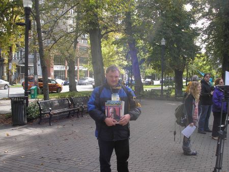 The Halifax Media Co-op's Kendall Worth spoke at the Oct. 17 event about his experiences living in poverty. Here, he is seen selling the "voice of the poor" newspaper, Street Feat (Robert Devet photo).
