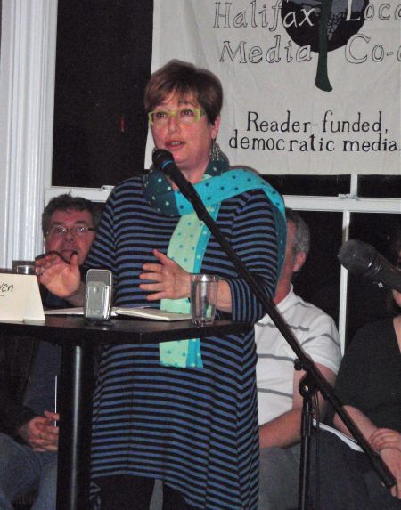 Judy Haiven speaks at the Halifax Media Co-op's "The State of our Unions" event last month. (Photo: Palmira Boutilier)