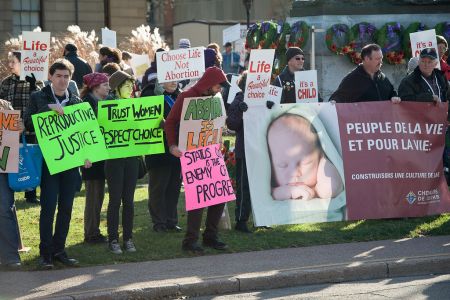 Anti-abortion activists counter-demonstrated in comparable numbers at the November 2011 reproductive rights rally in Charlottetown (Patrick Callbeck photo).