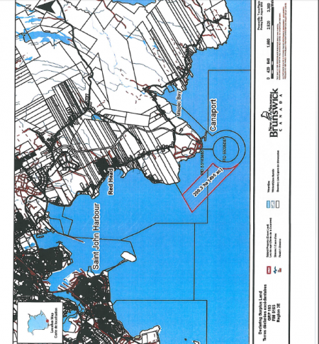 200.3 hectares of Submerged Crown Land was passed to an Irving subsidiary in 2013, in anticipation of Trans Canada's Energy East-related needs. [Map courtesy of New Brunswick Department of Natural Resources]