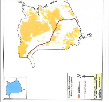 The path of the proposed Energy East pipeline, superimposed on existing Crown Land [Map: New Brunswick Department of Energy and Mines]