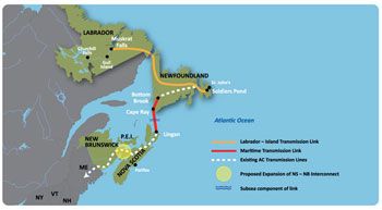 Under the Sea. Prospective Transmission Map from Muskrat Falls to New England. Photo: Govt. of Newfoundland