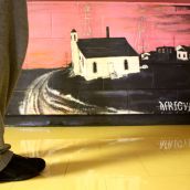 Hinch stands in front of a small floor-level mural of Africville's Seaview Baptist Church painted by St. Pat's students. The school's Africentric leanings mean students learn all about African-Canadian history.