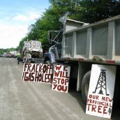 Messages for the shale gas industry line trucks that have been stopped in the blockade in Stanley. Photo: Tracy Glynn.