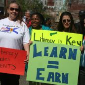 Adult learners rallied in the Town of Windsor, demanding that federal funding cuts for community learning programs be halted. Photo Robert Devet