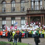 A crowd of about 250 rallied at City Hall in support of the Halifax Water workers who are in legal strike or lockout position. Photo Robert Devet 
