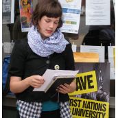 Elise Graham, Chairperson of the Canadian Federation of Students (CFS) - Nova Scotia reads a letter to be presented at Megan Leslie's community office in Halifax, and forwarded to Minister of Indian and Northern Affairs Chuck Strahl as well as to Stephen Harper