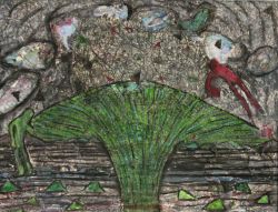 "Fearful Man Airborne and Green Man Grounded near Greening Exploding Tree" Watercolour, charcoal, pastels, pencil on paper by Joanne Light 2011 20x 24 (free frame) $600