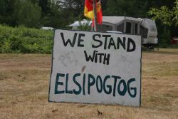 Sign at the sacred fire encampment. [Photo: M. Howe]